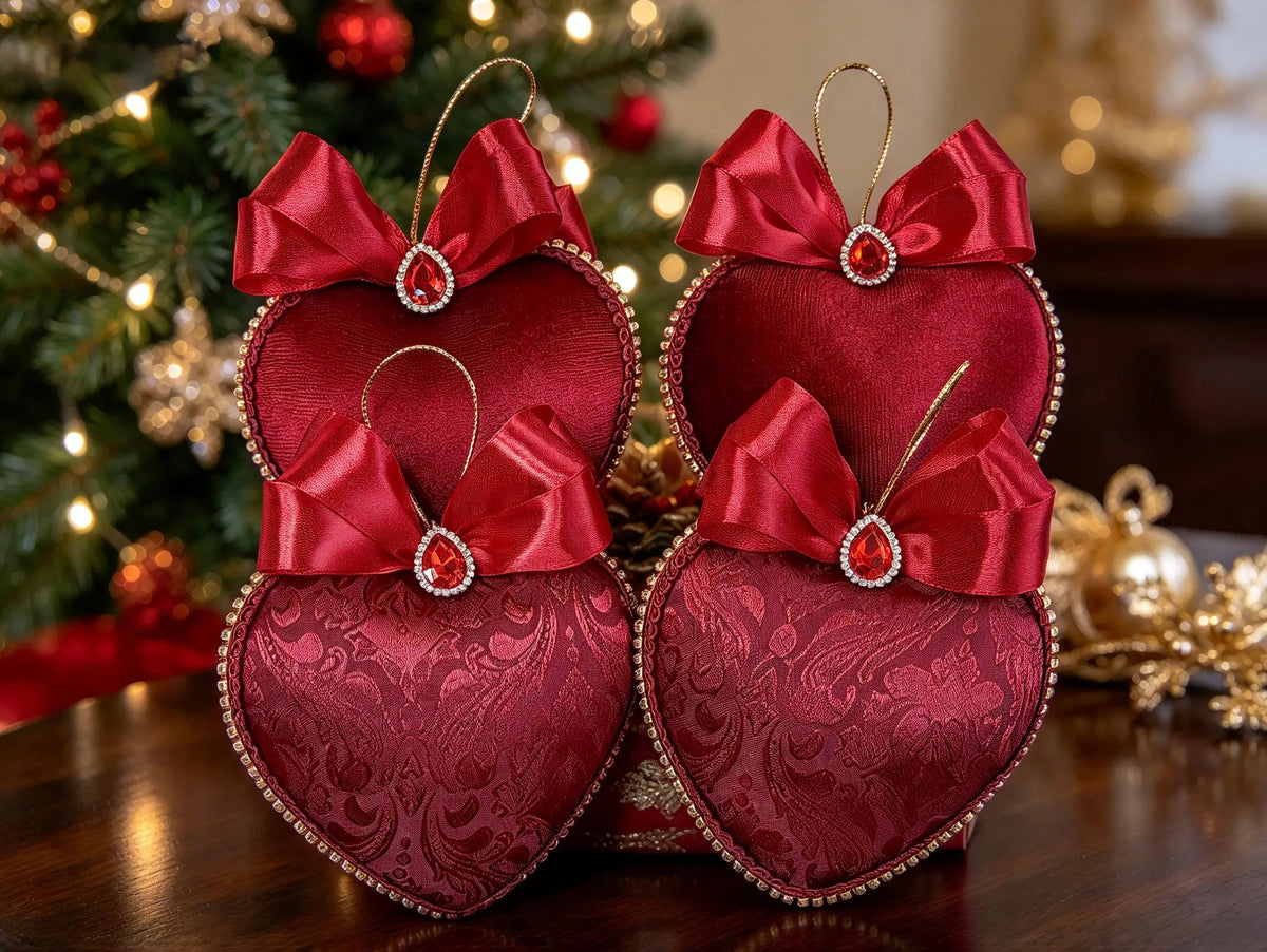 Set 4 ornamente brad ( inima rosu )